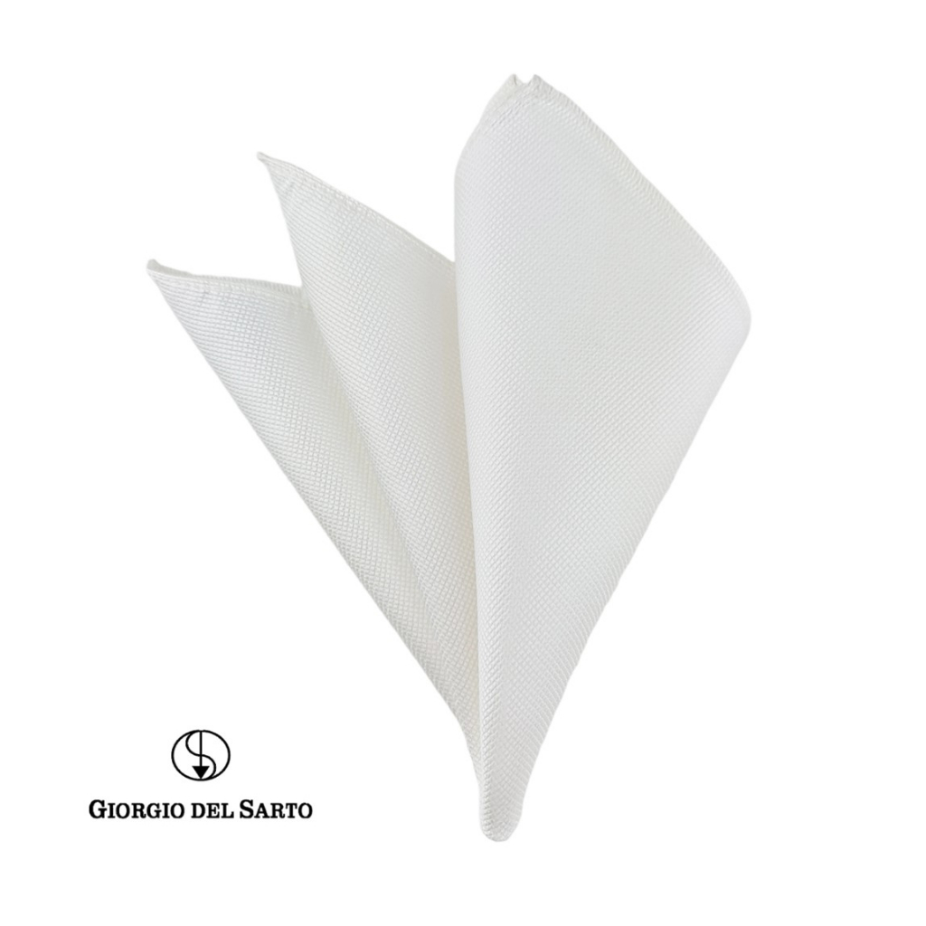 GIORGIO DEL SARTO Silk White B Pocket Square  ผ้าเสียบสูทไหมสีขาว 100%Silk