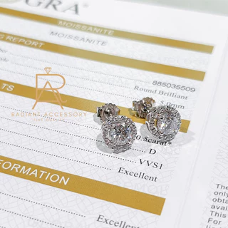 ต่างหูเงินแท้ เพชร Moissanite 1กะรัต ชุบทองคำขาว พร้อมใบเซอร์