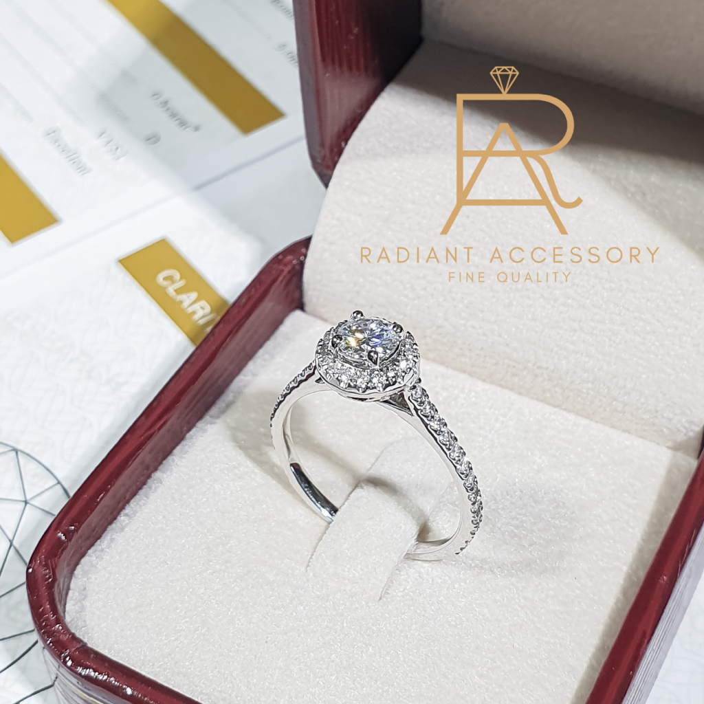 แหวนเงินแท้ ชุบทองคำขาว แหวนชาย ฝังเพชร Moissanite 0.5 กะรัต พร้อมใบเซอร์