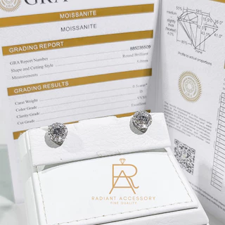 ต่างหูเงินแท้ เพชร Moissanite 1กะรัต ชุบทองคำขาว พร้อมใบเซอร์