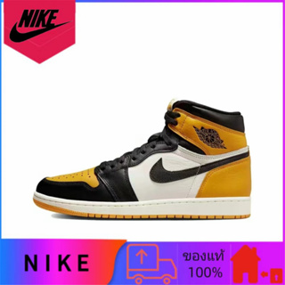 ของแท้ 100% Jordan Air Jordan 1 high og "taxi" รองเท้าบาสเก็ตบอลส้นสูงที่ทนต่อการสึกหรอสีเหลืองดำและขาว