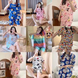 (สินค้าพร้อมส่งในไทย) ชุดนอนแขนสั้นขาสั้น ชุดนอนการ์ตูน เซตช…