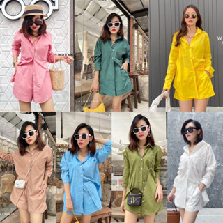 colorful set shirt ชุดเซ็ต 2 ชิ้น เสื้อเชิ้ตแขนยาว+กางเกง ขาสั้น ใส่ไปเที่ยว ไปคาเฟ่ ชุดเซ็ตสีพื้น