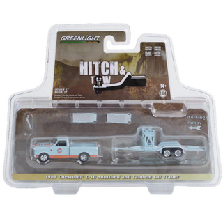 Greenlight 1/64 Hitch &amp; Tow Series 27 - 1968 Chevrolet C-10 Shortbed and Tandem Car Trailer 32270-A