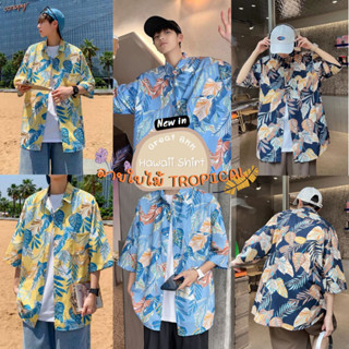 🌴พร้อมส่ง M-2XL🌴 เสื้อฮาวาย [ ลายใบไม้ Tropical 3 สี ] เสื้อสงกรานต์ เสื้อเชิ้ตชาย หญิง ผ้าดี ลายคมชัด