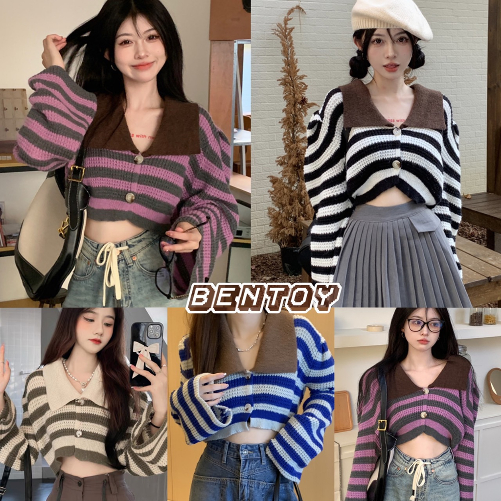 Bentoy(LD025)เสื้อครอปไหมพรม แขนยาว กระดุมหน้าเปิดได้ ลายทาง สไตล์เกาหลี ผ้าหนานุ่ม