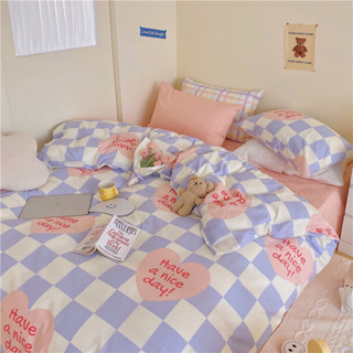 ส่งฟรี! ชุดผ้าปูที่นอน+ผ้านวมครบเซ็ต 6 ชิ้น “ลายตาราง” (สีชมพู/ม่วง) Grid Beddings