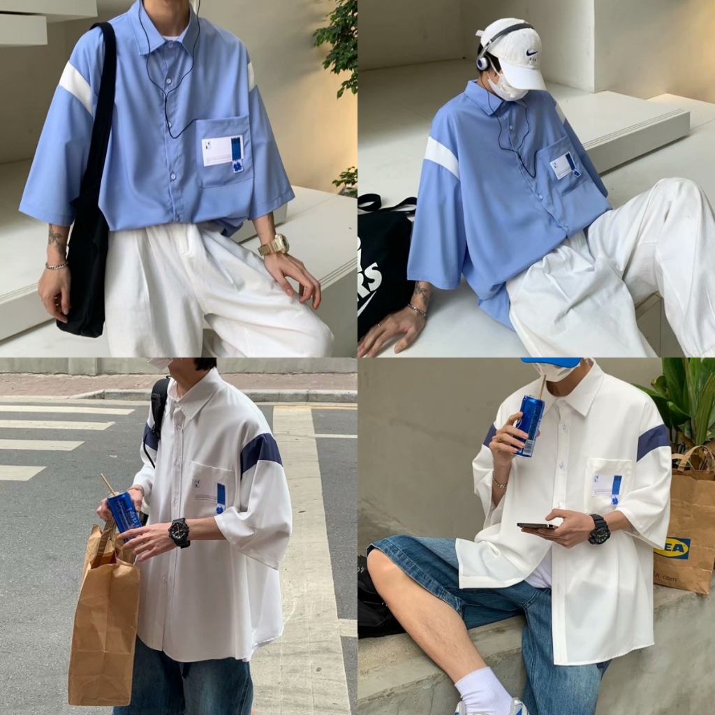 พร้อมส่ง เสื้อเชิ้ตแขนสั้น สกรีน N บาร์โค้ดที่อก สไตล์เกาหลี SS16