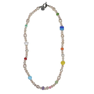 Morethanyoursee | Color Mix Pearl Necklace สร้อยคอลูกปัดมุกน้ำจืด แก้วเช็ก งานแฮนด์เมด