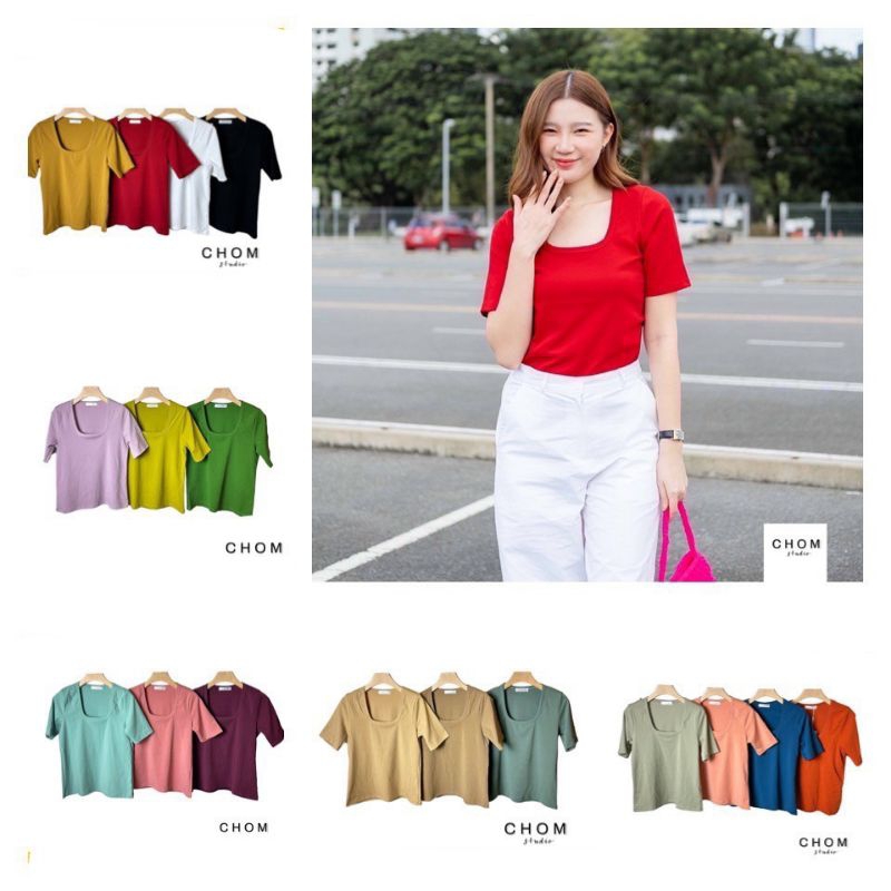 Chom🏳️‍🌈เสื้อยืดคอเหลี่ยมแขนสั้น ผ้าcottonเกรดพรีเมี่ยม ทรงสวยใส่สบาย 🏳️‍🌈งานป้าย