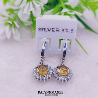 L6403 ต่างหูพลอยซิทรีนแท้ ( Citrine ) แบบอิงลิชล็อค ตัวเรือนเงินแท้ 925 ชุบทองคำขาว