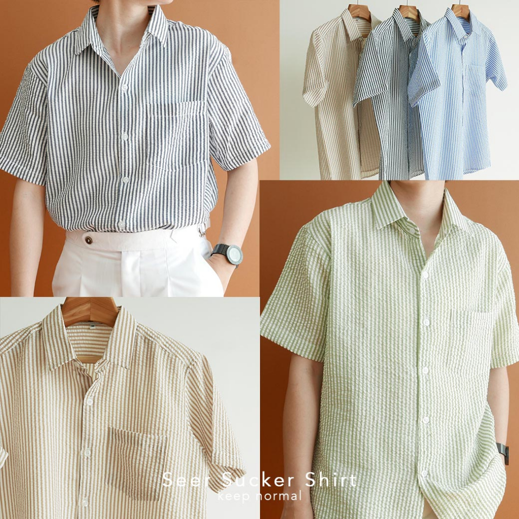 🔥ทักแชทรับโค้ดลดเพิ่ม Stripe Seersucker Shirt เชิ้ตผู้ชายแขนสั้นลายทาง