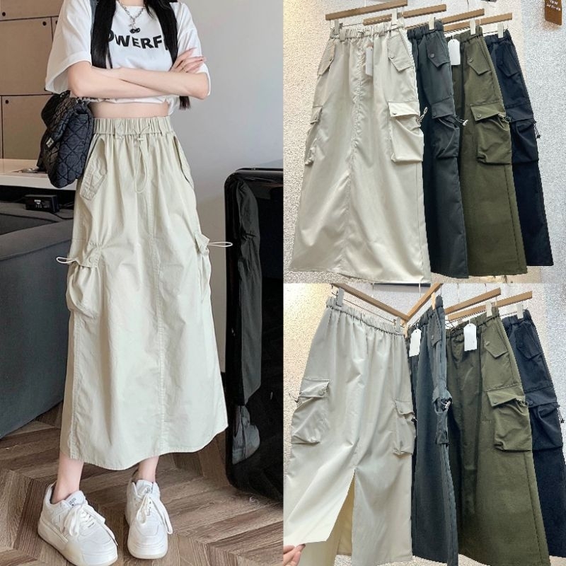 LADY_JEANS(📌ผ้าร่ม)#004#8876(โค้ด LADYJMAY ลด 15%)กระโปรงแฟชั่น คาร์โก้ ยาว ผ่าหลัง  พร้อมส่ง ผู้หญิง