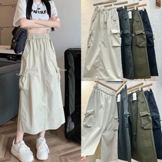 LADY_JEANS(📌ผ้าร่ม)#004(ใส่โค้ด LADYJS9 ลดทันที 15%)กระโปรงแฟชั่น คาร์โก้ ยาว ผ่าหลัง  พร้อมส่ง ผู้หญิง