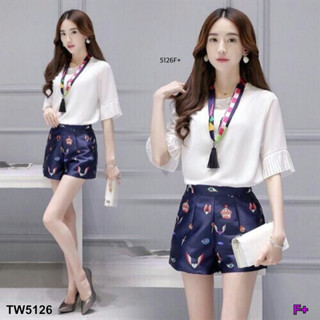 CS5126 Set เสื้อแขนอัดพลีท+กางเกงขาสั้นพิมพ์ลาย Set: pleated sleeve top + printed shorts