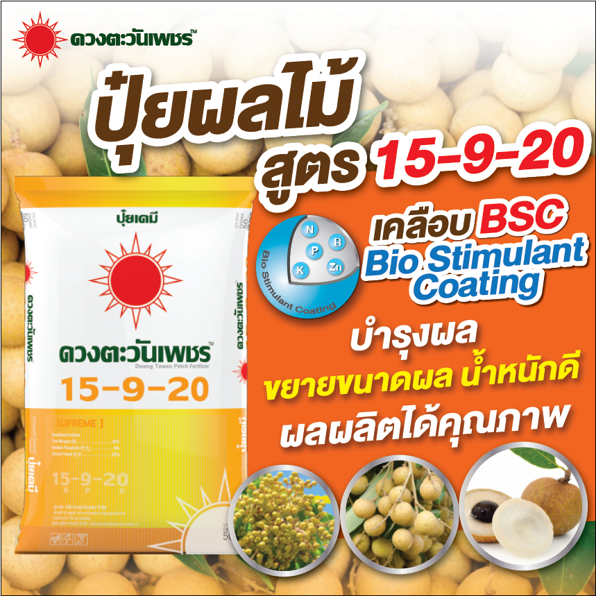 ปุ๋ยคอมปาวด์ซัลเฟต 15-9-20 เกรดละลายน้ำ บำรุงต้น ฟื้นสภาพต้น  หว่านทางดิน ละลายน้ำ100% (ชนิดแบ่งขาย)