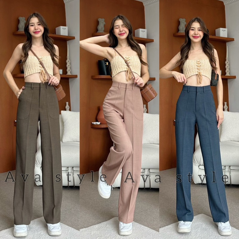 มี5สีแนะนำ กางเกงขากระบอกกลาง รุ่นหูเข็มแต่งกระเป๋า(ผ้าป๊อกกี้) ผ้าดีทรงสวย