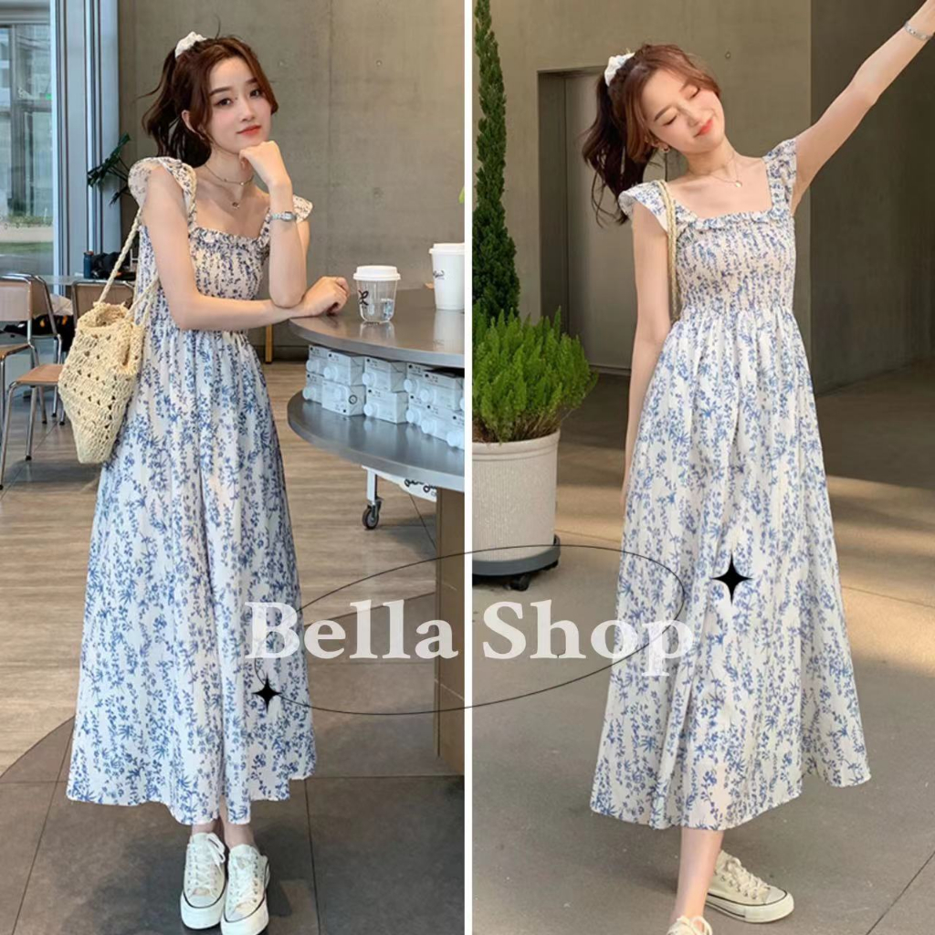 Bella เดรส ดอกไม้สีฟ้าสดขนาดเล็กแขนลูกไม้กระโปรงแขวนกระโปรงยาวหวานสำหรับผู้หญิง พร้อมส่งจากกทม มาถึงใน 3-5 วัน