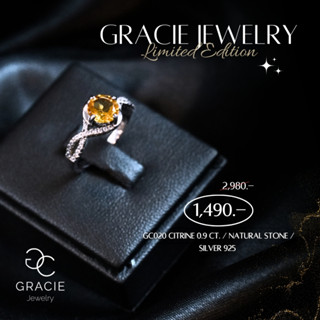 แหวนพลอยแท้ Gracie Jewelry ตัวเรือนเงินแท้ชุบทองคำขาว พลอยเยลโล่ ซิทริน (Citrine) 0.9 ct. / เพทายแท้ (Natural Stone)