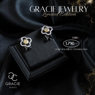 ต่างหูพลอยแท้ Gracie Jewelry ตัวเรือนเงินแท้ชุบทองคำขาว พลอยโอปอล (Opal) 0.1 ct. / เพทายแท้ (Natural Stone)