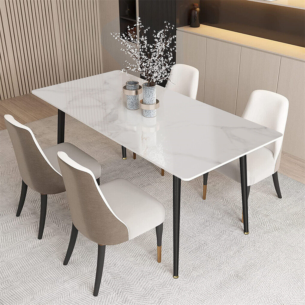 WISFOR หินอ่อน โต๊ะอาหาร โต๊ะกินข้าว Rectangle Kitchen Table Luxury Dining Table Marble Top Table w/ Metal Black Legs