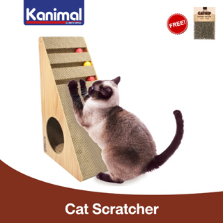 Kanimal Cat Toy ของเล่นแมว ที่ลับเล็บแมวหรู รุ่นสามเหลี่ยมรางบอล ขอบไม้หนา Size XL 60x25x36 ซม. แถมฟรี! Catnip กัญชาแมว