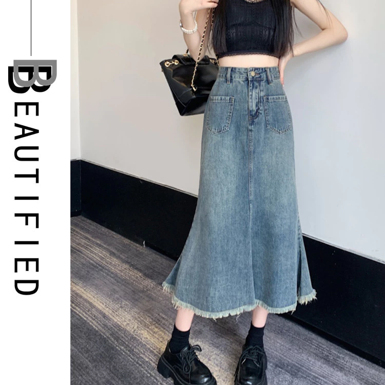 Beautified กระโปรงยีนส์ยาว หางปลา ไม่ผ่า กุลสตรี V27