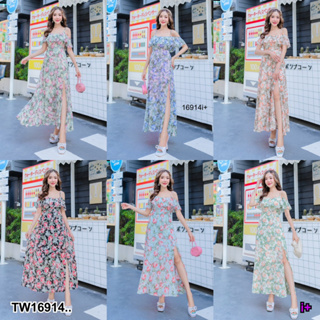 👗Pfashion [ส่งไวมาก🚛] P16914 เดรสยาว มีระบายอก แขนกุด สายปรับได้ กระโปรงมีผ่า ..