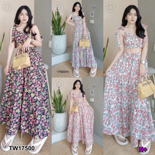 SS17500 Set 2 ชิ้น เสื้อครอปสายผูกไหล่ลายดอก + กระโปรงยาวลายดอกไม้ Floral off the shoulder crop top + floral long skirt