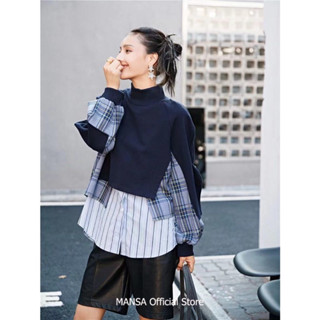 MANSA Navy Plaid Sweatshirt Shirt เสื้อสเวตเตอร์ลายสก๊อต เสื้อเชิ้ต มือสอง