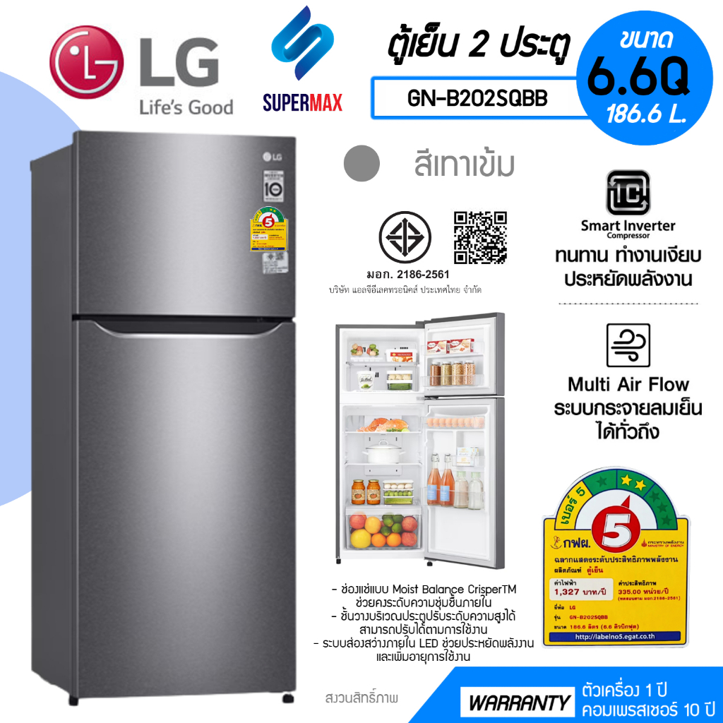 LG ตู้เย็น 2 ประตู No Frost ระบบ SMART INVERTER ความจุ 6.6 คิว รุ่น GN-B202SQBB มีฉลากเบอร์5 รับประกันคอม 10ปี