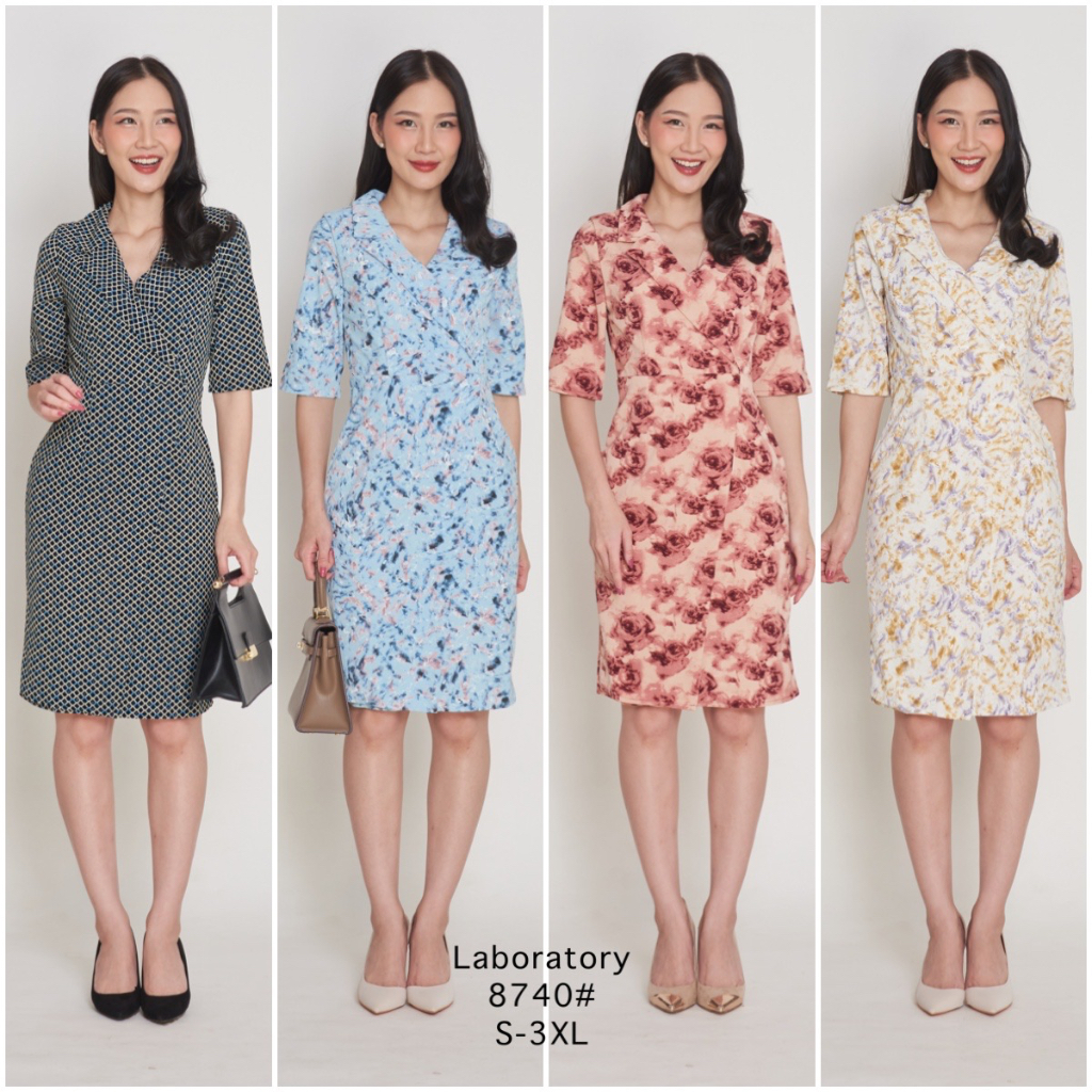 Laboratory 8740 ชุดทำงาน ผ้าพิมพ์ลาย เดรสคอปก มีไซส์ S-3XL