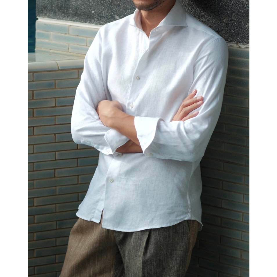 white linen cutaway collar long sleeve shirt เชิ้ตผ้าลินินสีขาวคอปีกนกแขนยาว ราคา ถูกที่สุด ดีลบีเคเค แกลเลอรีภาพที่ 2