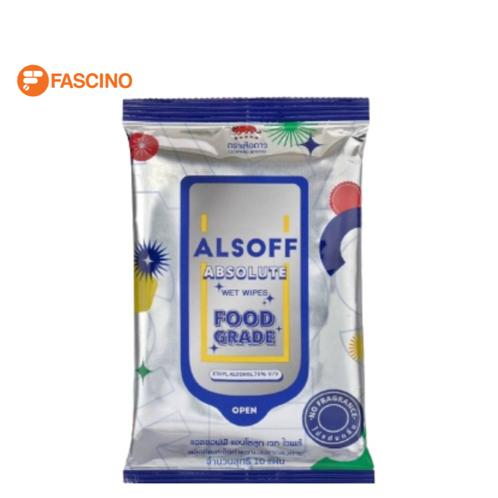 ALSOFF ABSOLUTE WET WIPES FOOD GRADE ผ้าทำความสะอาด ผสมแอลกอฮอล์ 70 % (10 แผ่น)