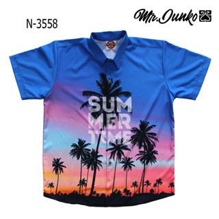 ⚡ ส่งฟรี⚡เสื้อเชิ้ตแขนสั้น งานต่อลาย Mr-Junko  ผ้าซาตินนิ่มใส่สบายไม่ร้อน N-3558