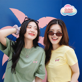 Cloudcandy เสื้อครอป เอวลอย CROP Oversize แขนสั้น คอกลม ผ้าคอตตอน สกรีนลาย SUMMER⛅