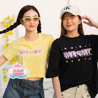 Cloudcandy เสื้อครอป เอวลอย CROP Oversize แขนสั้น คอกลม ผ้าคอตตอน สกรีนลาย BITCHY🎃