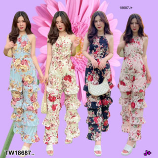 👗Pfashion [ส่งไวมาก🚛]  P18687 Jumpsuit จั้มสูทขาระบาย ลายดอกไม้ ..