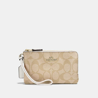 Coach F87591 Double Corner Zip Wristlet In Signature Canvas (IMDQC) กระเป๋าคล้องมือ สี IM/LIGHT KHAKI/CHALK