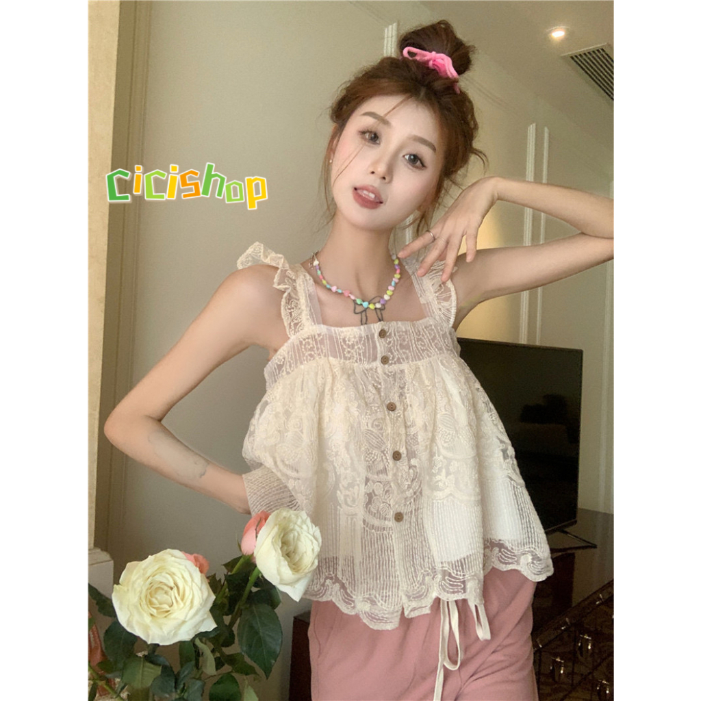 Cicishop(0131)เสื้อครอปสายเดี่ยวลูกไม้ผ้าชีฟอง ดีเทลแต่งกระดุมหน้า มินิมอลสุดๆ