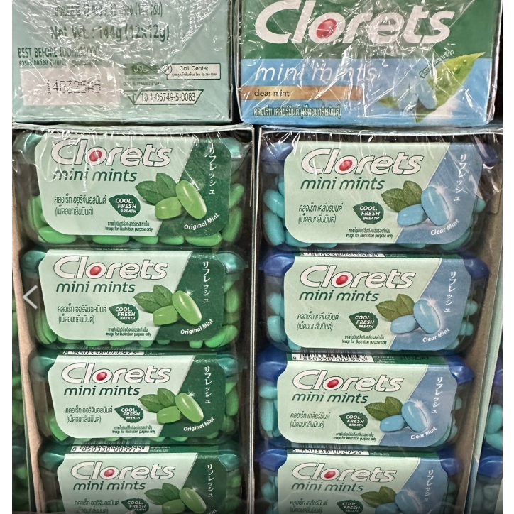 คลอเร็ท มินิ ลูกอมมินต์ ลูกอมดับกลิ่นมาก Clorets mini cool fresh ออริจินัลมินต์ กับ รสเคลียร์มินต์ แพ็ค 12 ตลับ * 12กรัม