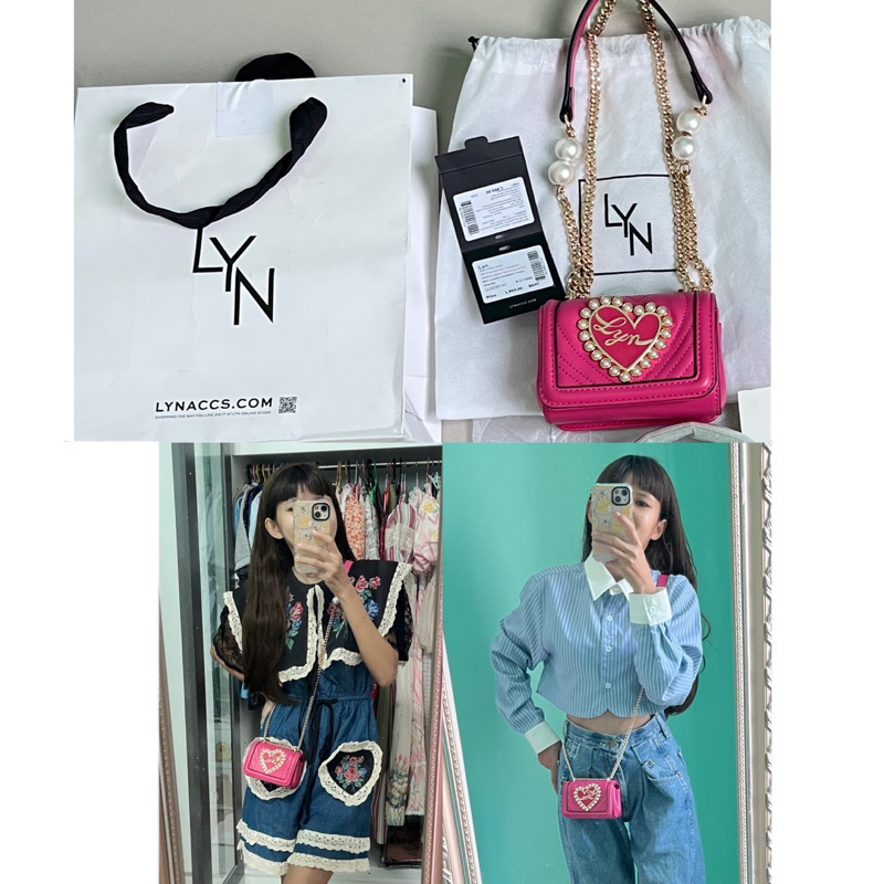 กระเป๋า Lyn มินิ แต่งมุก สายโซ่ สายหนัง กระเป๋าจิ๋ว สะพายข้าง กระเป๋าถือ lynaround bag สีชมพู หัวใจ 