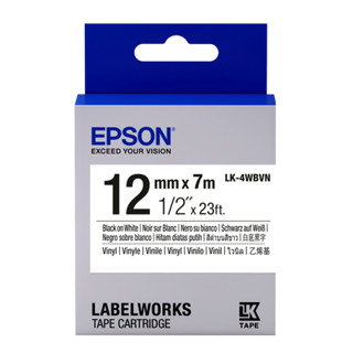 เทปพิมพ์ อักษร ฉลาก ไวนิล Epson LK-4WBVN อักษรดำบนพื้นไวนิลขาว 12 มม. ความยาว 7 เมตร