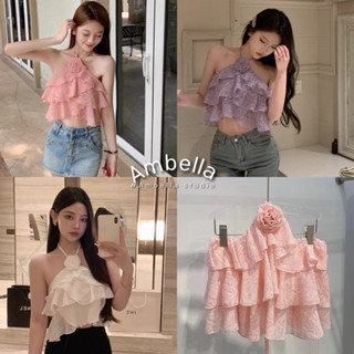 Ambella เสื้อผูกคอดอกกุหลาบ แต่งลูกไม้ระบายเป็นชั้น เสื้อคล้องคอ เสื้อกุหลาบ สีชมพู ม่วง ขาว rose L0751