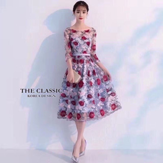 (M-2XL) The classic korea design presents  เดรสงานปักแขนศอก ใช้ผ้าเนื้อดีปักลายดอกไม้ ด้วยไหมเนื้อเงา