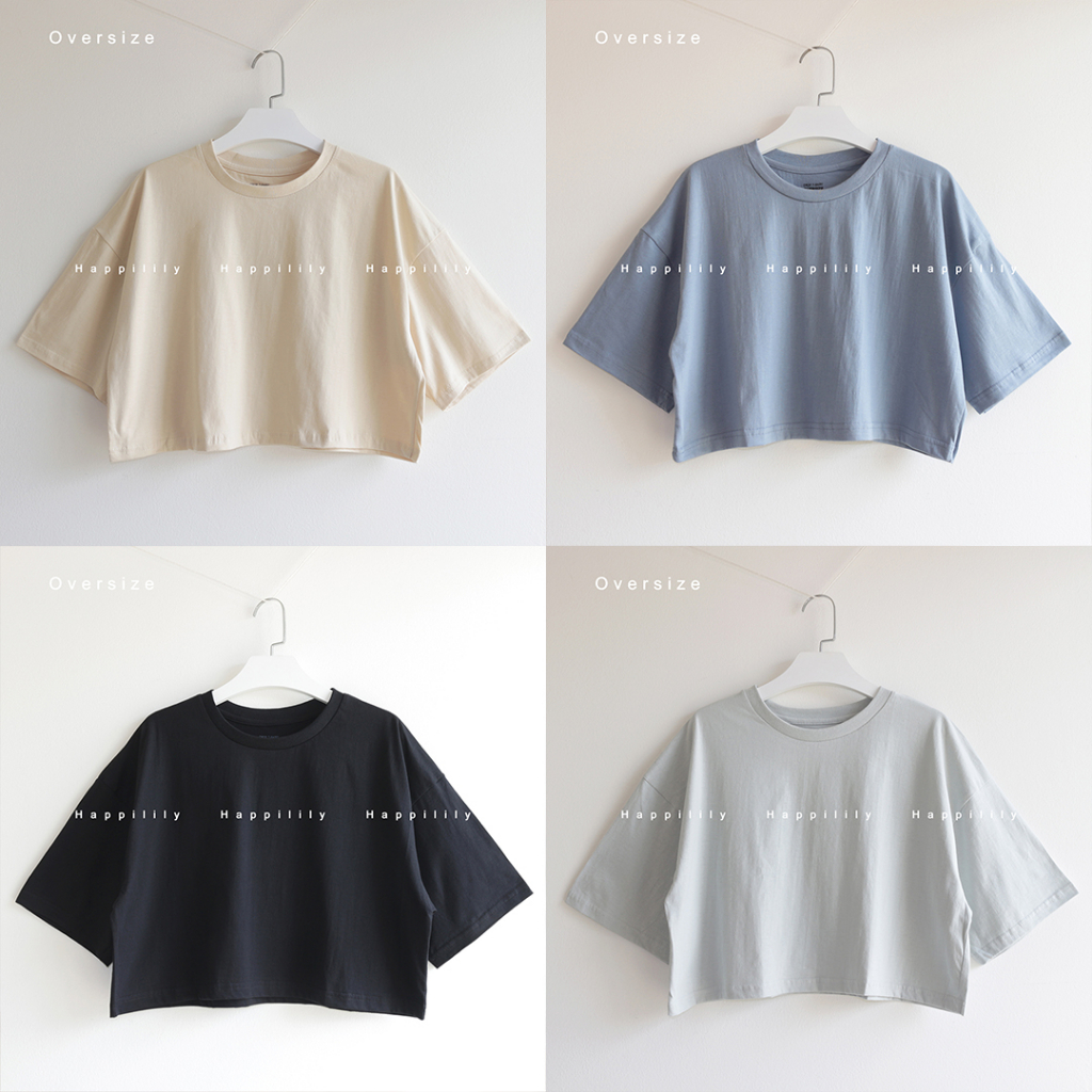 Happilily Oversize Cropเสื้อครอปสีพื้นแขนสั้นผ้าคอตตอน100%