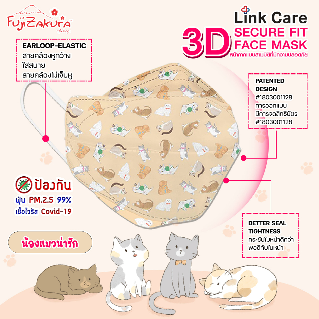 Link Care หน้ากากอนามัย 3D ผู้ใหญ่ ลายน้องแมว (1ชิ้น) แมส ลายการ์ตูน สีสันสวยงาม หายใจสะดวก ระบายอากาศได้ดี ไม่ปวดหู