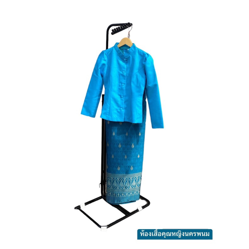 ชุดไทยจิตรลดา&amp;ไทยเรือนต้น สีฟ้าเข้มเสื้อ+ผ้าถุงฟรีไชร์ป้ายตะขอ