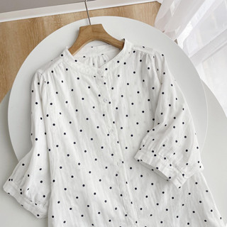 polka dot ○● เสื้อคอจีน แขนปีกค้างคาว ผ้าฝ้ายสาลู 2 ชั้น เสื้อลำลองสไตล์ญี่ปุ่น my cotton