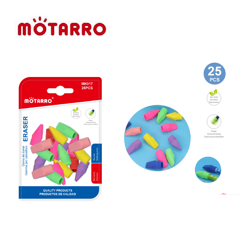 หัวยางลบดินสอ ฟ้า/เขียว/ส้ม/เหลือง/ชมพู 25 ชิ้น MOTARRO MK017 ยางลบน่ารักหลายสี เกรดเอ ลบสะอาด สวมหัวดินสอได้